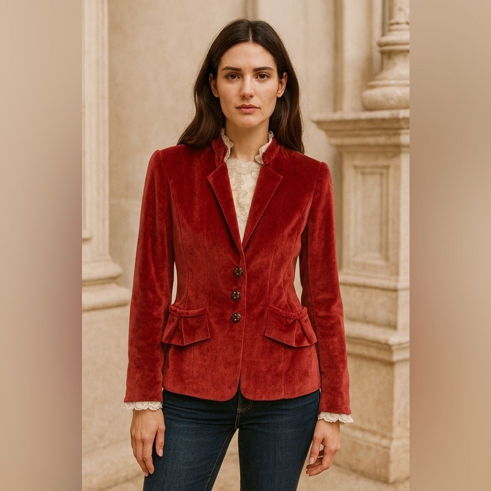 T.ba Velvet Richly Adorned Lace Trim Blazer Jacket 10